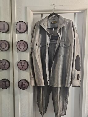 Stacy Adams Men's Light Gray Shirt Jacket Set with Elbow Patches